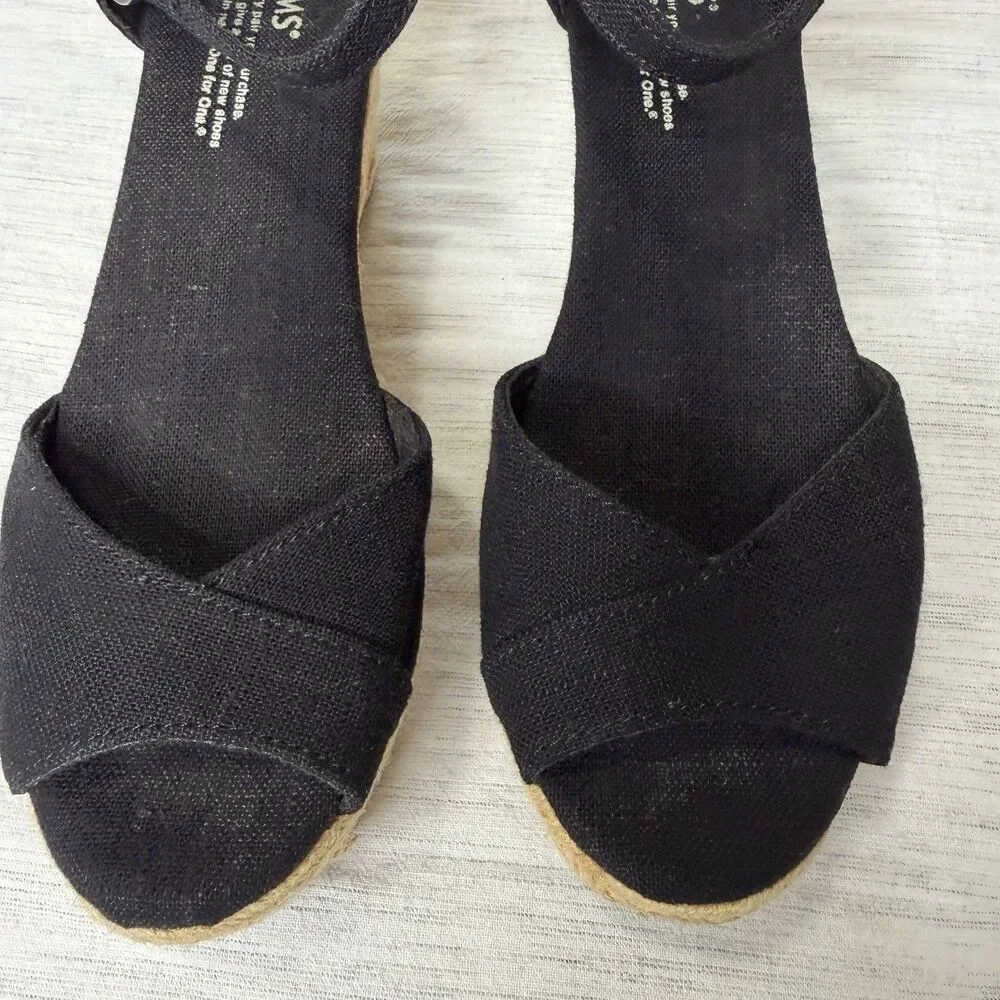 TOMS Black Canvas Peep Toe Jute Wedge Heel‎ Espadrille Sandals Sz 7